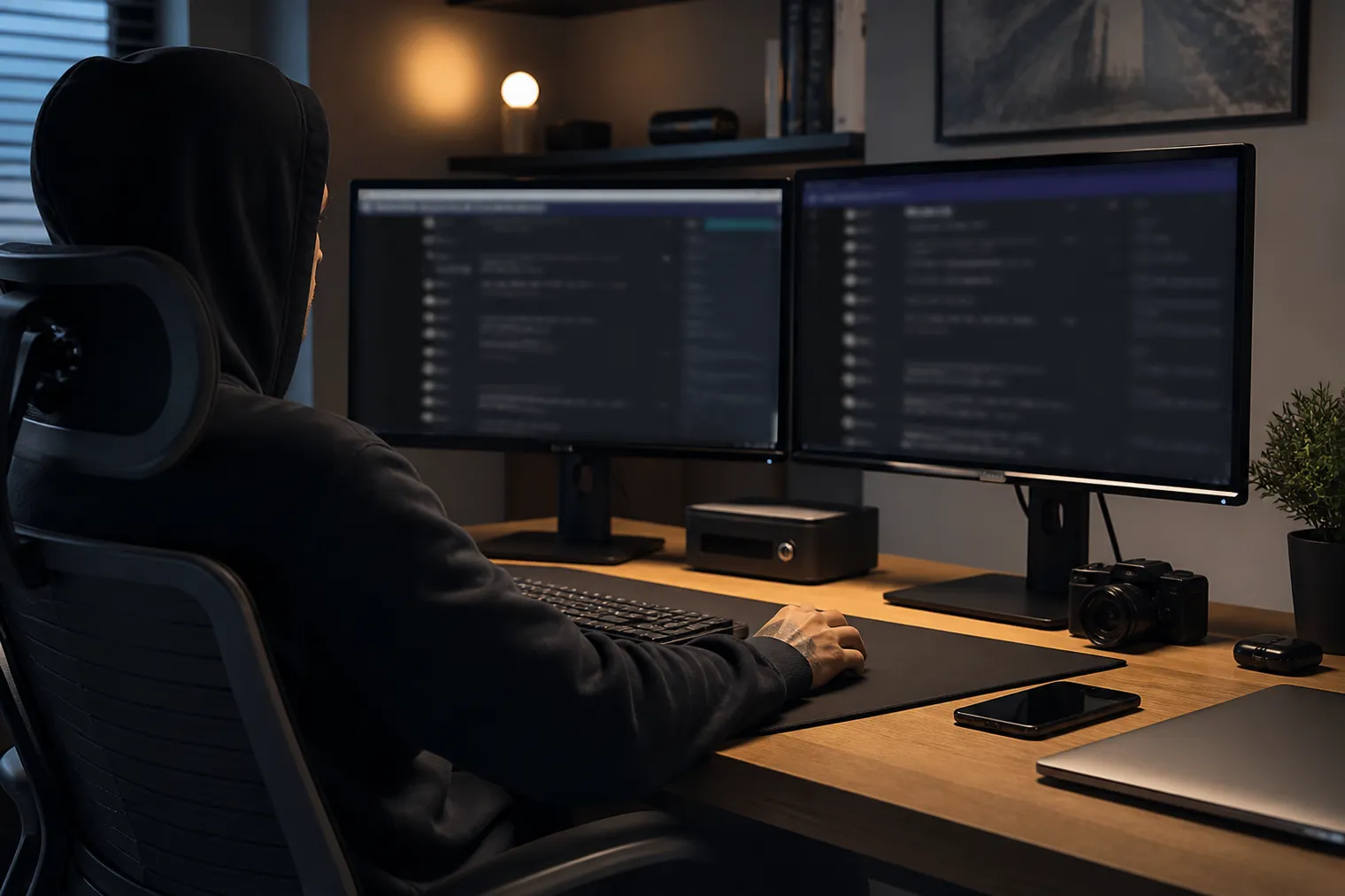 user exploring dark web directory on dual monitors