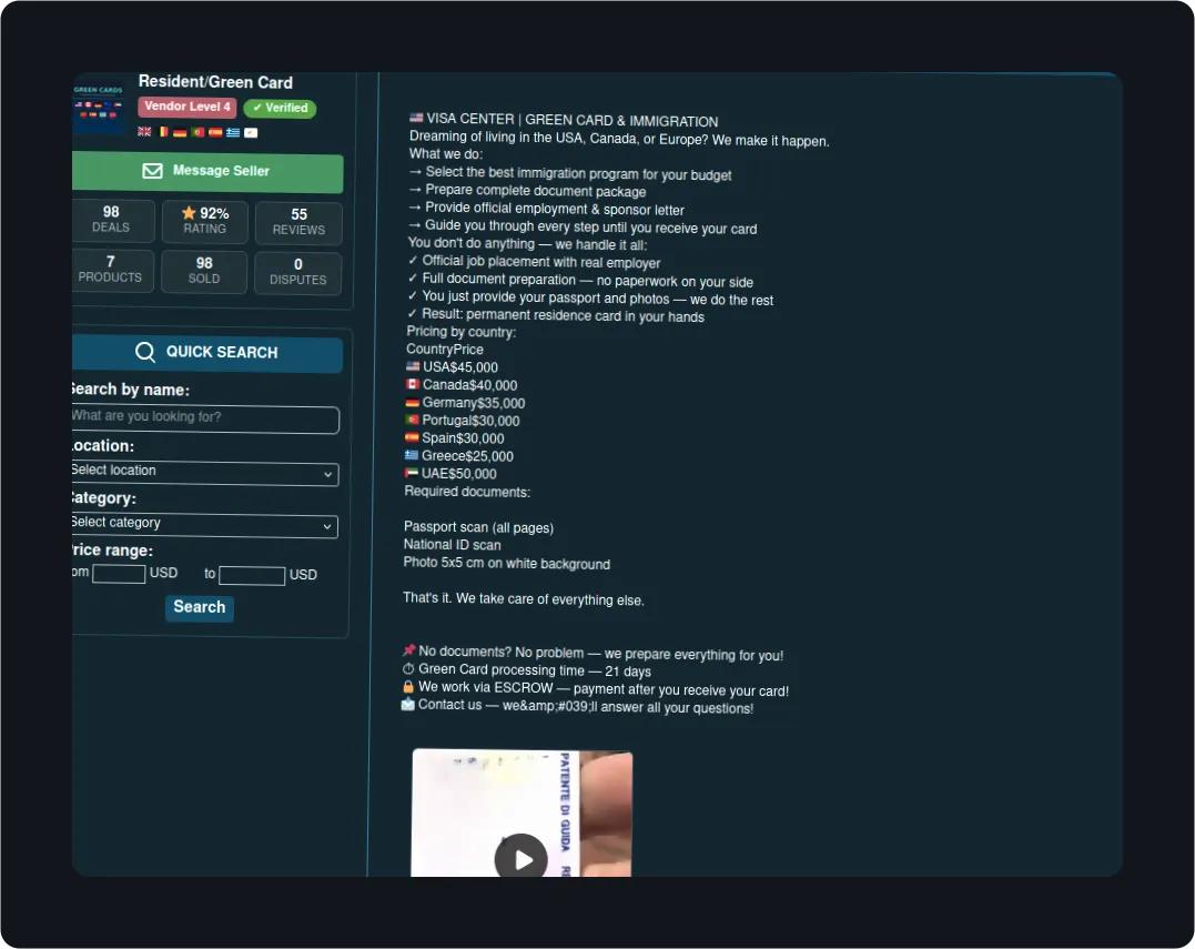 Interface of a visa website